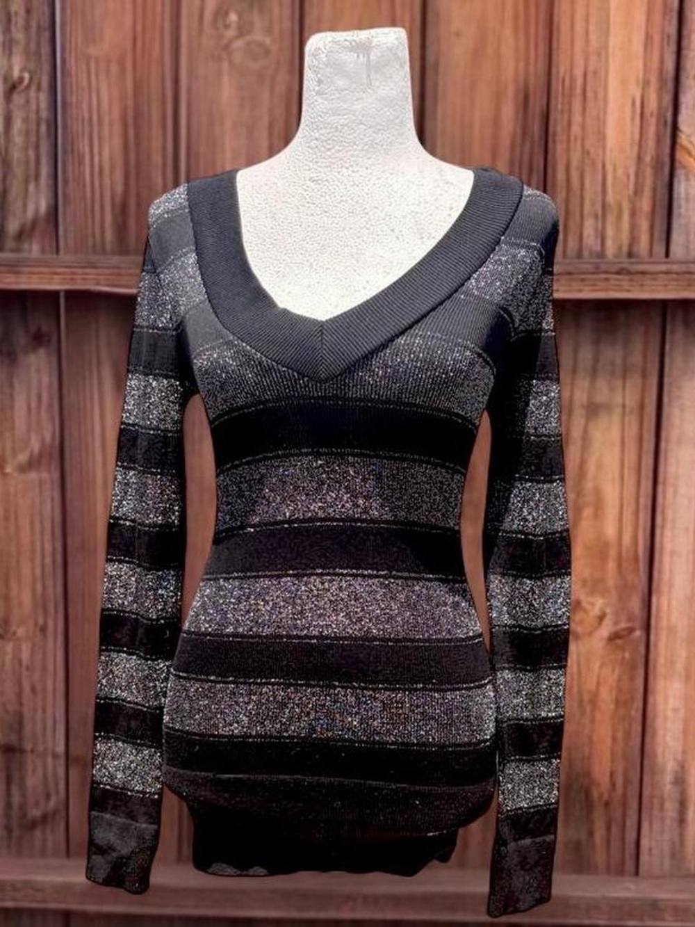 Y2K Black & Silver Striped V-Neck Sweater